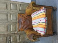 Original Antique Lounge Chair in Brown Tan Leather, Hopsack & Horse Hair with Stud Detail & Striped Cushion Seat in Very Distressed Condition.