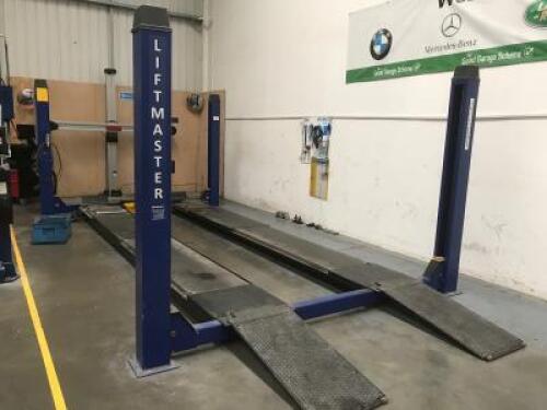 Liftmaster MOT Bay to Include 4 Tonne, Class 7 - 4 Post Lift Car Ramp, Swivel & Vibrating Plates, Model 1522BL, S/N G1162708. Comes with 2.8 Tonne Rolling Centre Jack, Headlight Beam Tester, Rolling Road Brake Tester Type Arena TL7XX, S/N 399D0434. YOM 20