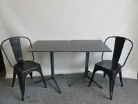 2 x Grey Folding Tables & 2 x Black Metal Pressed Bistro Chairs.