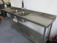 Stainless Steel Double Bowl Sink with Splash Back, Pre Rinse Spray, Lever Tap & Shelf Under. Size H90 x W237 x D50cm.