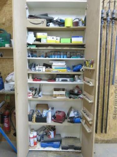 Cupboard Containing Assortment of Woodworking Tools & Accessories to Include, Makita Sander, Sand Discs, Spindle Moulder & Router Bits, Welding/Heat & Glue Guns, Draper Pipe Cutting Kit, Sealey SMS Drill Bit Sharpener & Other Accessories (As Viewed/Pictur