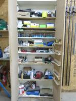 Cupboard Containing Assortment of Woodworking Tools & Accessories to Include, Makita Sander, Sand Discs, Spindle Moulder & Router Bits, Welding/Heat & Glue Guns, Draper Pipe Cutting Kit, Sealey SMS Drill Bit Sharpener & Other Accessories (As Viewed/Pictur