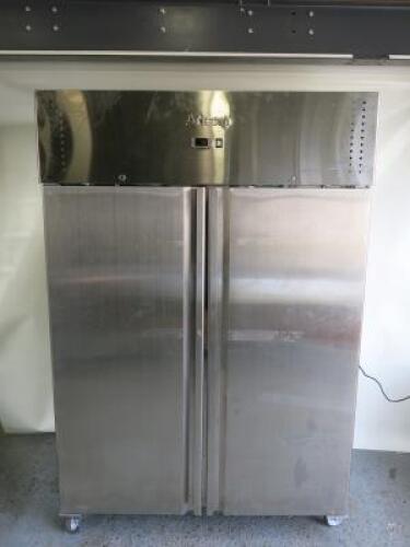 Adexa Stainless Steel Double Door Commercial Upright Freezer, Model F1200S, S/N 0517. Size H199 x W134 x D82cm.