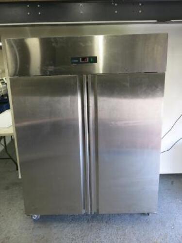 Adexa Stainless Steel Double Door Commercial Upright Fridge, Model GN1410TN, S/N 00225, DOM 2022. Size H200 x W148 x D83cm.