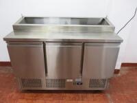 Ice-A-Cool Stainless Steel 3 Door Refrigerated Saladette Prep Counter Top, Model ICE 3869GR. Size H104 x W137 x D70cm. NOTE: missing lid or requires GN Containers.