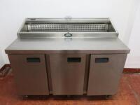 Foster Stainless Steel 3 Door Refrigerated Saladette Prep Counter Top, Model FPS1/3HR. Size H106 x W144 x 84cm. NOTE: missing lid or requires GN Containers.