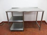 Stainless Steel Prep Table with 2 Shelf Under on Wheels. NOTE: Missing One Wheel. Size H86 x W125 x 70cm.