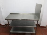 Stainless Steel Prep Table with 2 Shelf Under & Splash Back to Right Hand Side. Size H93 x W145 x D75cm.