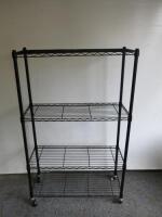 Mobile 4 Shelf Black Wire Catering Rack. Size H148 x W36 x D90cm.