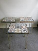 5 x Wooden Square Tables with Tiled Tops & Gold Coloured Wire Legs. Size H73 x W65 x D65CM.