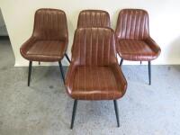 4 x Brown Faux Leather Chairs with White Stitched Detail on Black Wooden Legs. Size H80cm