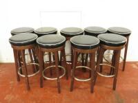 9 x Wood & Black Faux Leather Bar Stools. Size H 79cm.