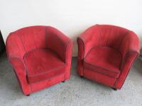 2 x Tub Chairs Upholstered in Red Velour with Blue Piping Detail. Size H75 x W70 x D75cm.