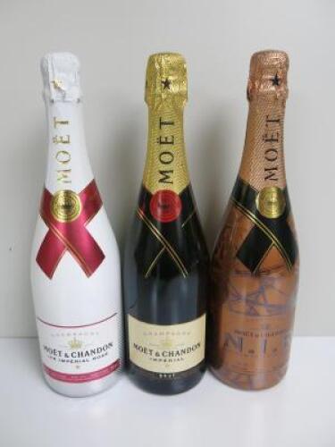 3 x Bottles of Moet & Chandon Champagne to Include: 1 x Ice Imperial Rose, 1 x Imperial & 1 x Dry Rose, 75cl.