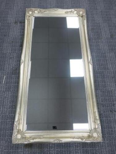 Large Ornate Silver Rectangle Bevel Edged Mirror with Leaf Detail. Size H158 x W78cm.