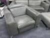 4 Piece Soft Grey Leather Sofa Set on Chrome Feet to Include: 1 x 2 Seater Sofa with Electric Recliner Head Rest, Size H60 x W200x D105cm 1 x 2 Seater Sofa with Manual Recliner Head Rest, Size H60 x W180 x D105 ,1 x Arm Chair with Electric Recliner Head - 4