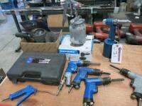 9 x Assorted Pneumatic Items to Include Riveter, 2 Disc Sanders, Air Blower, Grinder, 4 x Punches and Spray Gun.