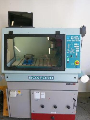 Boxford A3 HSRI 3D High Speed Router, S/N 10546/11/11 with HME Technology Underbench Dust Extraction Unit. Comes with Dell Laptop Running Boxford Software, CD Machine Manual, CD Training Tutorial, CD CAD/CAM Design Tool, Quantity of Drill Bits, Router Cut
