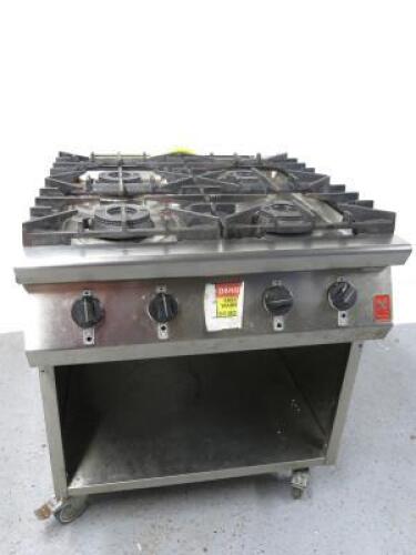 Falcon Gas 4 Ring Burner on Stainless Steel Open Cabinet with Castors, Size H90 x W80 x D90cm.