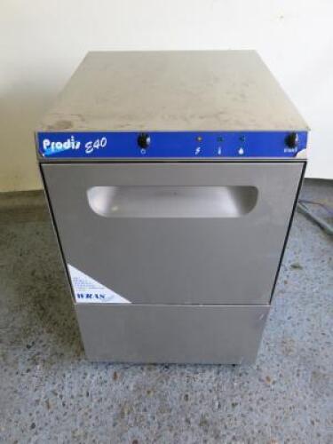 Prodis E40 Under Counter Glass Washer, Model E40, S/N 1801130-02-2144. Size H70 x W45 x D51cm. Comes with 2 Trays.