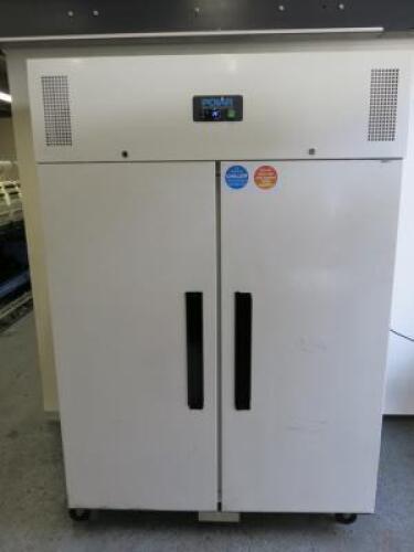 Polar White Double Door Commercial Upright Fridge, Model CC663-02, S/N 21253348. Size H200 x W134 x D81cm.