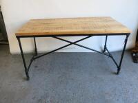 Rustic Wooden Top Mobile Collapsible Table with Iron Effect Metal Base. Size H78 x W150 x D80cm.