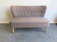 High Button Back 2 Seater Reception Chair in Grey with Wood Legs. Size H78 x W120 x D65cm. NOTE: Fabric faded as viewed.