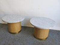 2 x White Stone Marble Topped Tables on Round Wood Base with Brass Trim. Size H40 x Dia55cm.