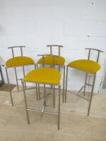 4 x Designer Style Bar Stools in the Style of Tokyo by Rodney Kinsman in Mustard Yellow Fabric & Brushed Metal Finish.