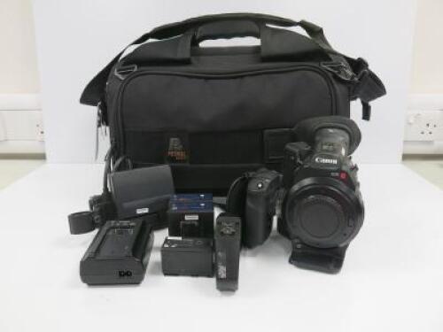 Canon Cinema EOS C300 Camcorder, Model C300, S/N 533450200073. Comes with Viewfinder, Top Handle, Canon Battery Charger, Model CG-940, 1 x Canon BP-955 Battery Pack, & 2 x SWIT S-8845 Battery Packs & Petrol Camera Bag.