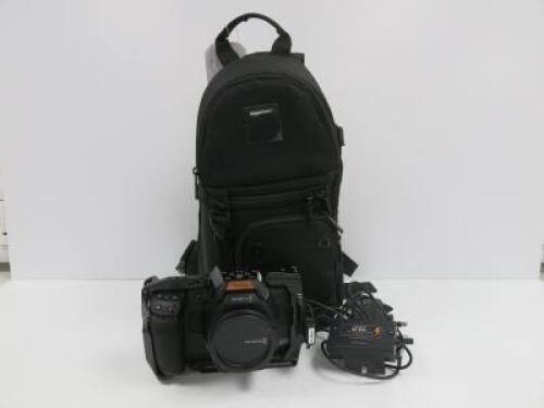 Blackmagic Design Pocket Cinema Camera 6K Pro. Comes with Power Supply, Hawk-Woods BP-BM4 Blackmagic Pocket Adapter Small Rig Design For 6K Pro, Sound Cables & Amazon Basics Soft Shoulder Bag.