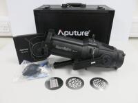 Aputure 19 Degree Spotlight Mount. Comes with Spotlight Mount Lens, 1 x Gobo Holder with 3 Gobos, 1 x 18 Leaf Iris, 1 x Cleaning Kit & Hard Carry Case.