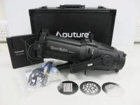 Aputure 19 Degree Spotlight Mount. Comes with Spotlight Mount Lens, 1 x Gobo Holder with 3 Gobos, 1 x 18 Leaf Iris, 1 x Cleaning Kit & Hard Carry Case.