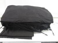 Crate Containing 5 x Assorted Sized Black Drape Stage Curtains.