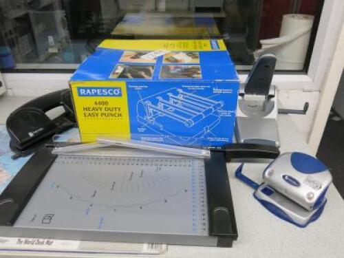 Office Paper Equipment to Include: Rapesco 4400 Heavy Duty Easy Punch in Box, Paper Cutter & 3 x Hole Punches.
