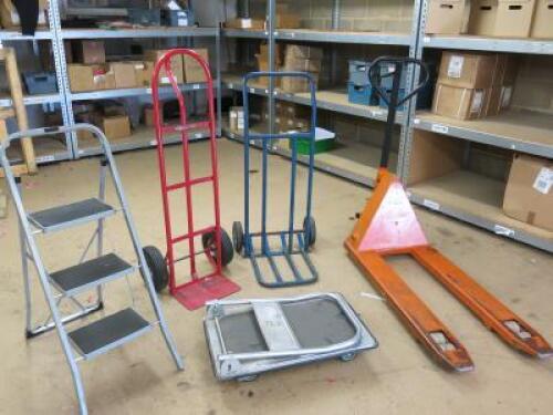 Assorted Warehouse Equipment to Include: 2000kg Pallet Truck, 2 x Sack Barrows, Folding Platform Trolley & Step Ladder.
