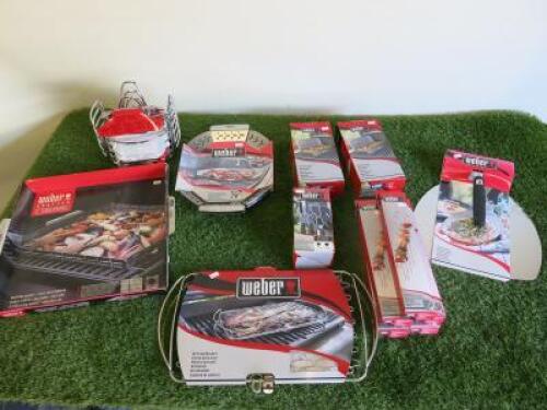 18 x Assorted Weber BBQ & Grill Accessories to Include: Roasting Basket, Poultry Roasters, Skewers, Smoker Boxes, Pizza Peel & Tool Hooks.