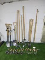 24 x Kent & Stowe Wooden Handle Garden Tools to Include: 2 x Leaf Rakes, 4 x Spades, 3 Edge Hoe, 3 x Long Handle Trails, 2 x Cultivators, 6 x Hand Trail & 6 x Hand Forks.