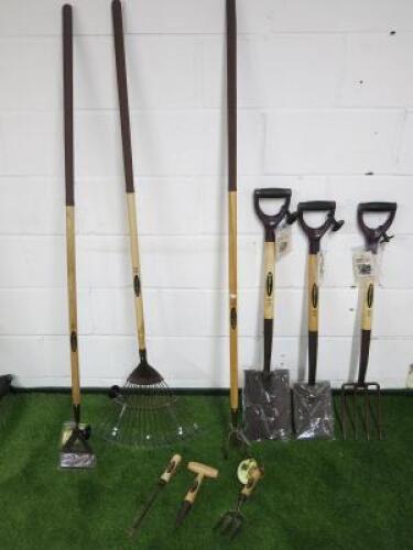 9 x Spear & Jackson Elements Carbon & Wooden Handle Garden Tools to Include: Leaf Rake, 2 x Spades, Fork, Hoe, Cultivator, Hand Fork, Dandelion Weeder & Spike.