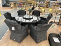Glendale Vouvant Round Table & Chair Set in Grey Rattan with Lazy Suzzanne & 6 x Chairs with Cushions (Missing 2 Back Cushions. RRP £2299.00. Table Size Dia 150cm.