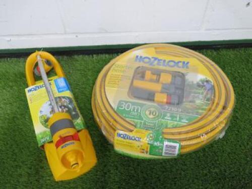 Hozelock 30m Starter Hose Reel with Starter Kit, Code 7230 & Hozelock Plus 180m2 Sprinkler, Code 2972.