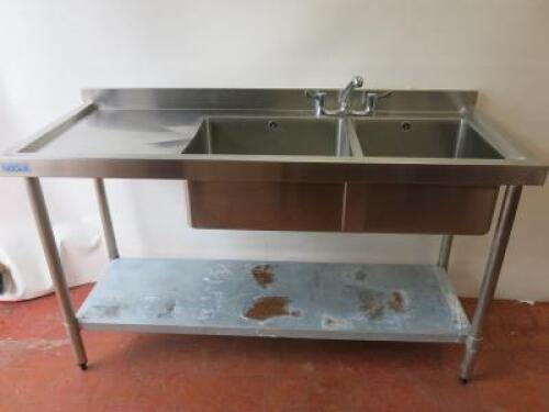 Vogue Stainless Steel Double Deep Bowl Sink Unit with LH Drainer & Taps with Shelf Under. Size (H) 90cm x (W) 150cm x (D) 60cm