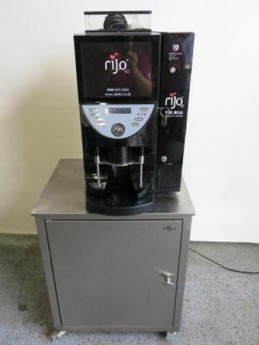 Aequator Swiss Made Commercial Bean to Cup Touch Screen Coffee Drinks Machine with Coin Attachment, Model Brasil II GB/ 1 Grinder, S/N 6141904040. Comes with Mobile Metal Cabinet, Flojet Bottled Water System 5000 Series, Water Softener & Keys for Machine 