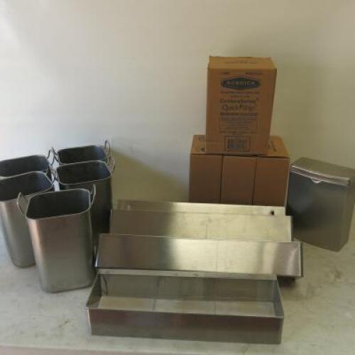 Lot to Include 5 x Stainless Steel Utensil Pots, 6 x Bobrick B-270 Washroom Equipment & 2 Tier Stainless Steel Bar Mixer Caddy & Lemon/Lime Slice Lift-Up Bar Pot