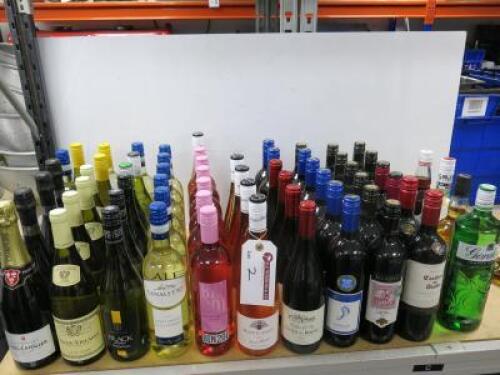 64 x Bottles of Assorted Wines & Spirits to Include: 24 x Bottles of Red Wine, 19 x Bottles of White Wine, 11 x Bottles of Rose Wine, 1 x Bottles of Champagne, 3 x Bottle of Prosecco & 6 x Bottles of Spirits. NOTE: ALCOHOL LICENSE HOLDER REQUIRED TO BID