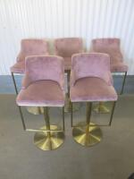 Set of 5 Pink Velvet Height Adjustable Bar Stalls with Gold Coloured Metal Bases. Size H108cm.