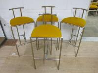 4 x Designer Style Bar Stools in the Style of Tokyo by Rodney Kinsman in Mustard Yellow Fabric & Brushed Metal Finish.