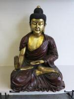 Gold & Red Sitting Life Size Buddah Statue in Polyresin & Fibreglass, Size H125 x W86 x D80cm.