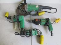 4 x Hitachi 110v Tools to Include: 1 x 9" Angel Grinder, 1 x 4" Angle Grinder, 1 x Screwdriver & 1 x Drill.