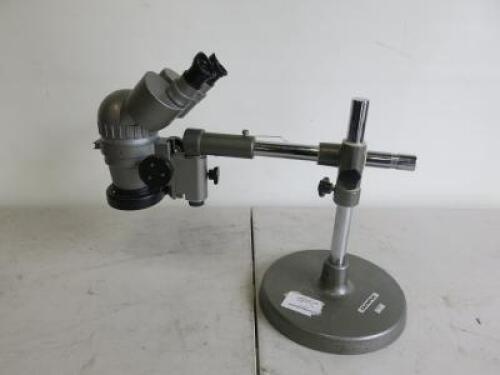 Olympus SZ111 Binocular Stereo Zoom Microscope, S/N 297629 with Stand. Comes with additional Microscope LED Light, Model GI-HG-09P & Stand.